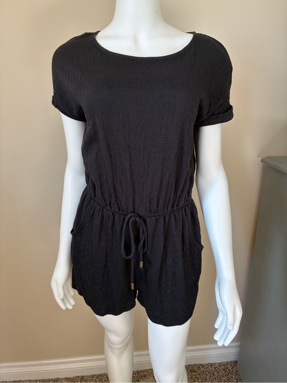 Universal Thread Black Short-Sleeve Drawstring Romper